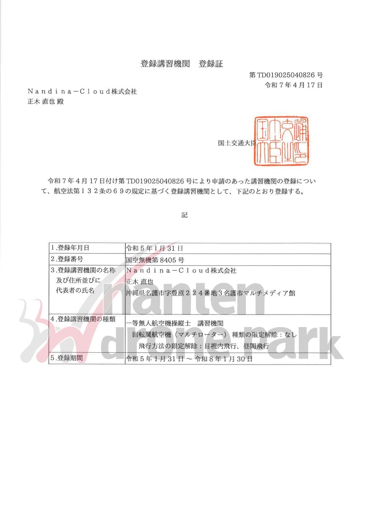 登録・認定の証書