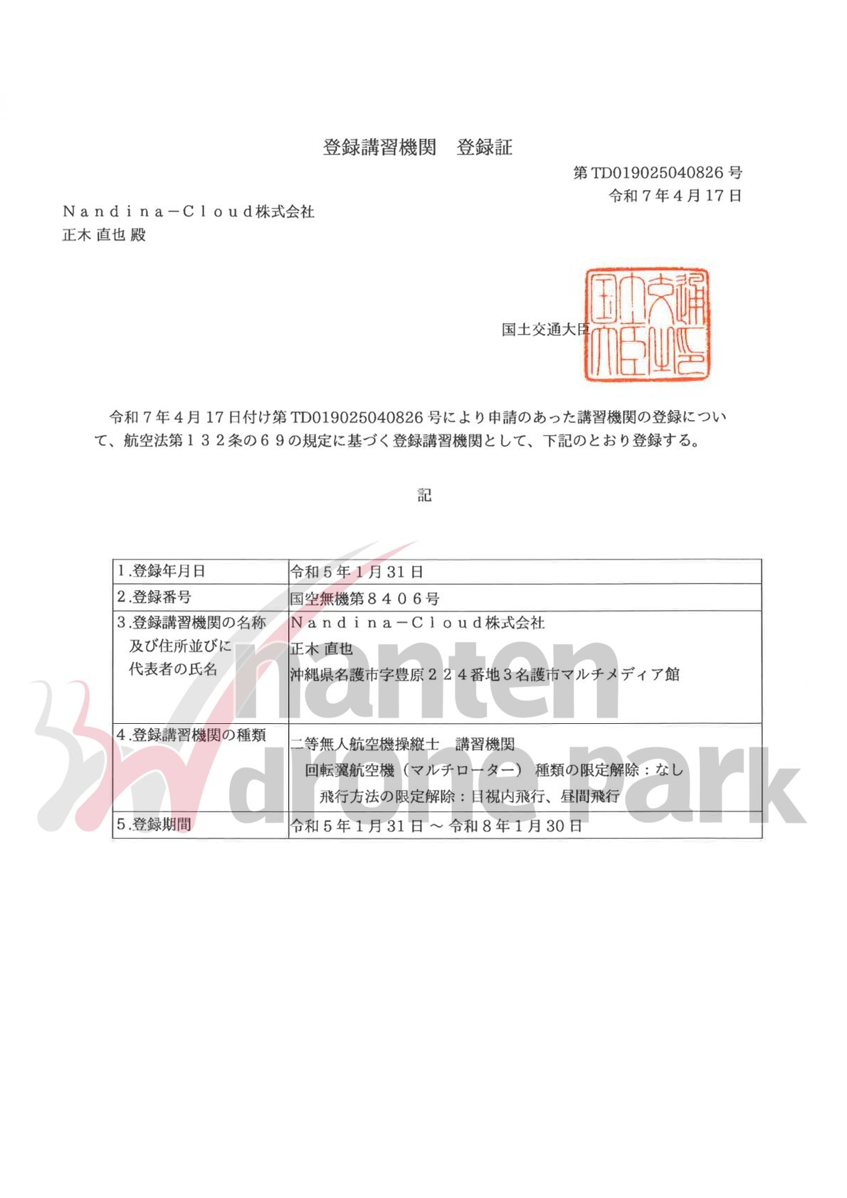 登録・認定の証書